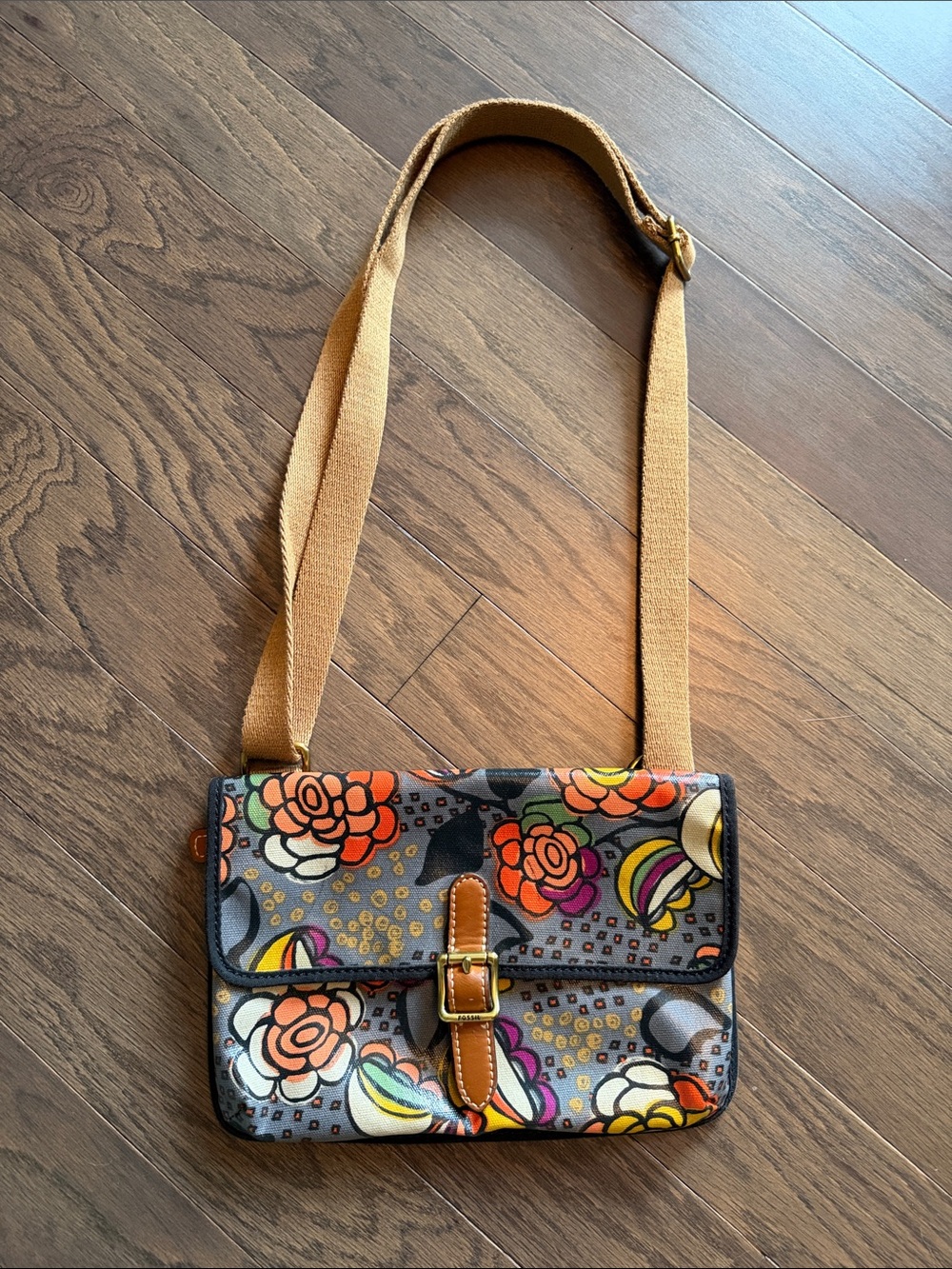 Fossil Multicolor Floral Crossbody with Tan Strap